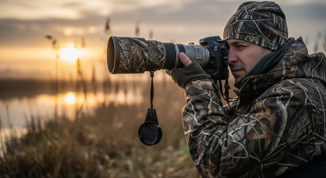 A man in camouflage gear taking a photo of a duck