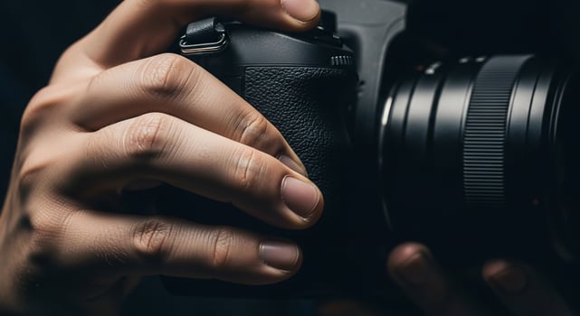 A person holding a camera with a black background photo