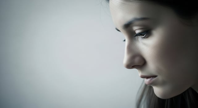 A woman with long hair looking down photo