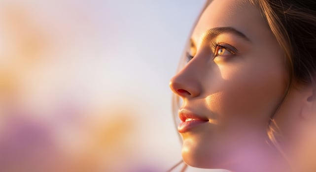 A woman is looking up at the sky with purple flowers photo