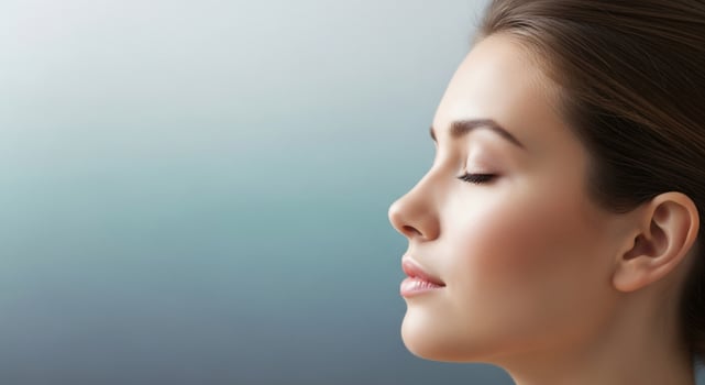 A woman with her eyes closed and her head tilted photo
