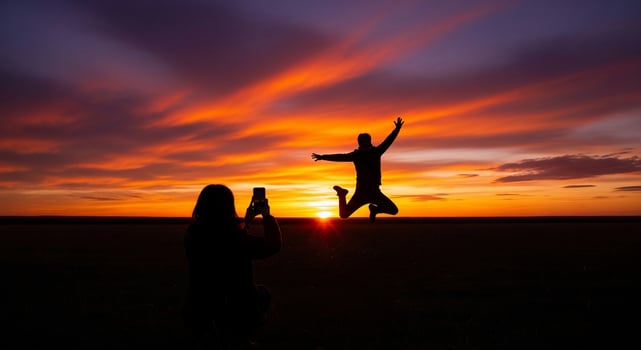 Silhouette of People Jumping at Sunset, Taking Photo