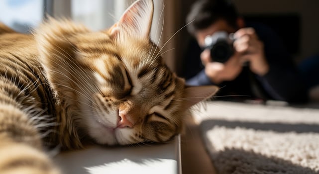 A cat laying on a window sill with a man taking a picture photo