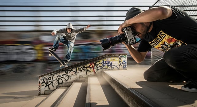 Skateboarder Performing Trick Photographed by Professional Photographer photo