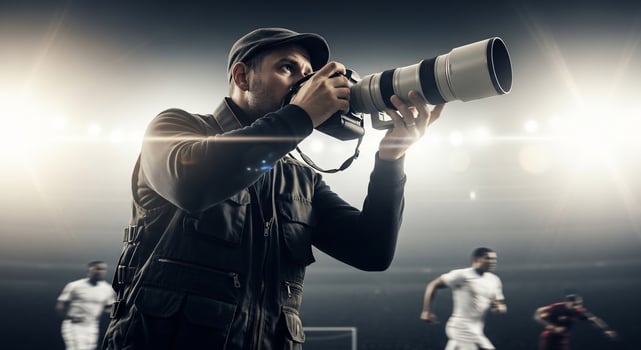 A man taking a photo with a camera on a soccer field