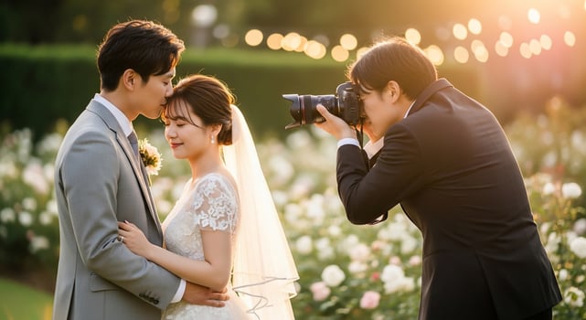 Wedding Photographer Captures Couple's Romantic Moment in Garden photo