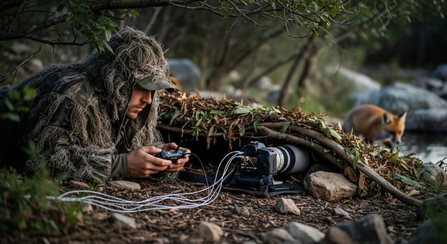 A man in a furry suit is sitting in the woods photo