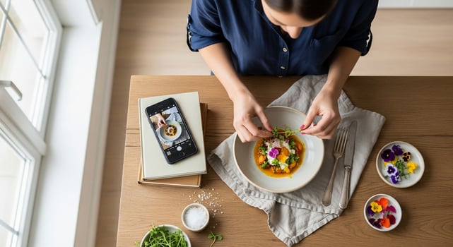 A woman is taking a photo of her food on a table