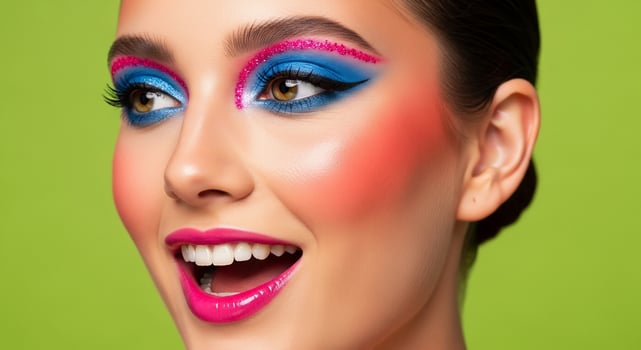 Beautiful woman with bright makeup and bright blue eyes photo