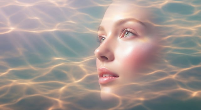 A woman's face is in the water with the sun shining through photo