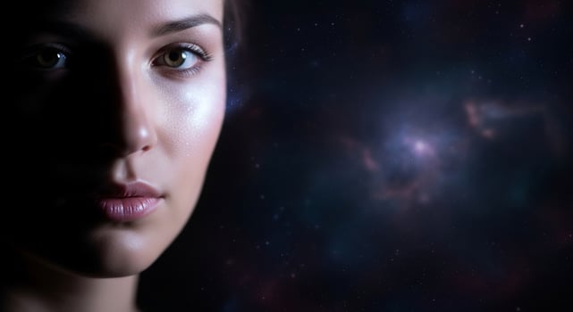 A woman with a dark face and a star in the background photo