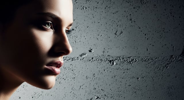 A woman with a dark background and a green eye photo