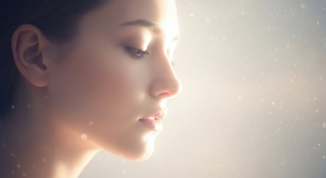 A woman with her eyes closed and a bright light photo