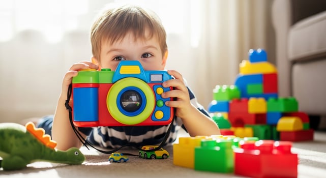A young boy is holding a toy camera photo