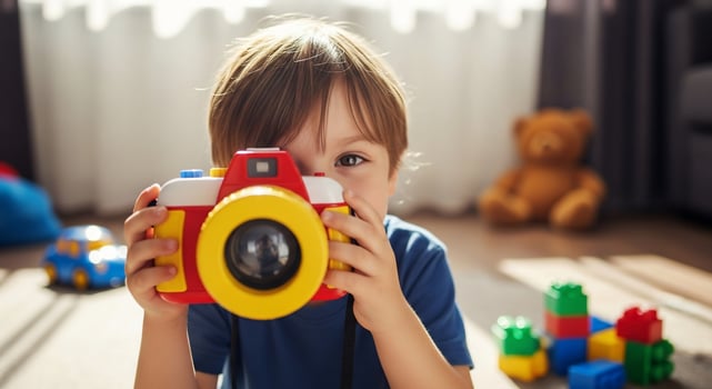 A young boy holding a toy camera photo