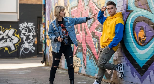 Young Couple Posing by Graffiti Wall with Camera photo