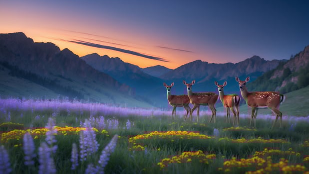 Four deer standing gracefully in a vibrant meadow filled with wildflowers at sunset in the mountains photo