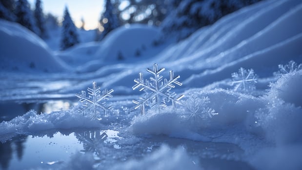 Snowflakes resting on a serene snowy landscape, reflecting light with pine trees in the background photo