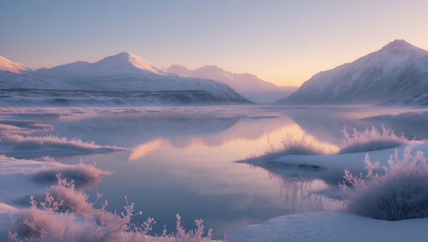Serene winter landscape at sunrise with snowy mountains reflecting in a tranquil lake, showcasing nature's beauty photo