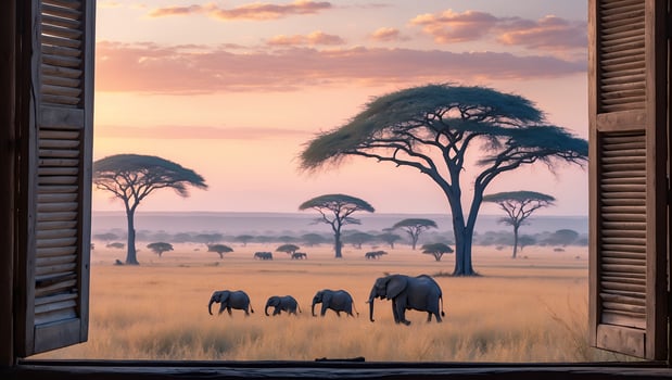 Majestic elephants roam freely in the golden savannah at sunset, framed by an open window view photo
