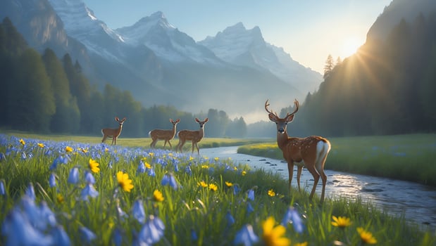 Majestic deer grazing in a vibrant meadow with wildflowers, mountains in the background at sunrise photo