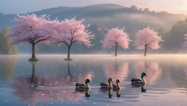 Serene lake scene with ducks swimming among cherry blossom trees and misty mountains at dawn photo