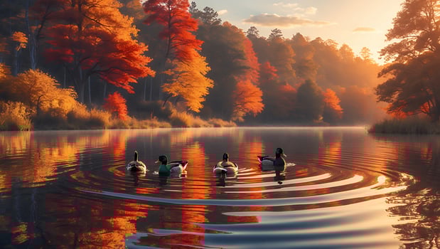 Serene Autumn Scene with Ducks Swimming in Tranquil Lake Surrounded by Colorful Trees at Sunset photo