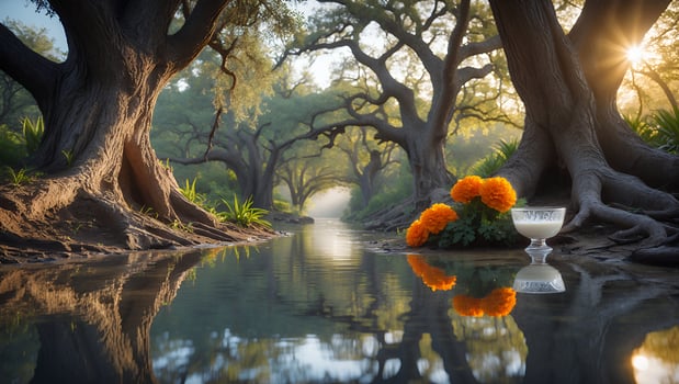 Serene forest scene with a glass of milk and orange flowers beside a calm stream at sunrise photo
