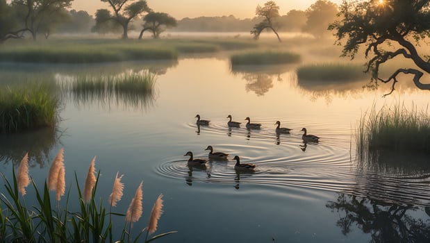 Serene morning scene with ducks swimming in misty water surrounded by lush greenery and trees photo