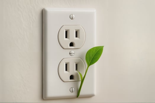 Leaf Growing from Electrical Outlet Suggests Eco-Friendly Energy Concept with Green Plant and White Wall Background photo