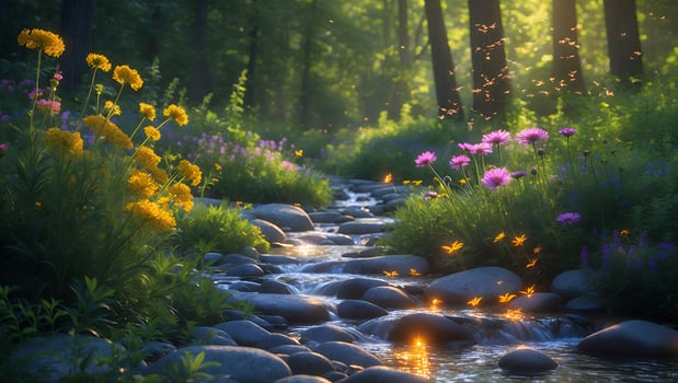 Serene forest stream surrounded by vibrant wildflowers, with sunlight filtering through trees photo