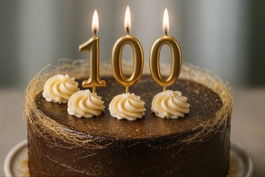 Elegant Chocolate Centennial Birthday Cake With Golden 100 Candles Glowing, Perfect For Milestone Celebrations, Parties, Anniversaries, Winter Holidays, Luxurious Dessert Photography photo