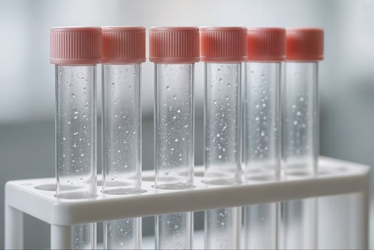 Close-Up of Rosy Capped Glass Cylinders in Laboratory Setting with Clear Liquid and Soft Lighting Emphasizing Scientific Research Concepts in a Modern Environment photo