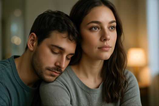 Couple in Quiet Embrace with Warm Lighting, Expressive Connection and Intimate Bond Captured in Soft Focus, Highlighting Tender Emotion and Subtle Affection, Against Cozy Interior Background photo
