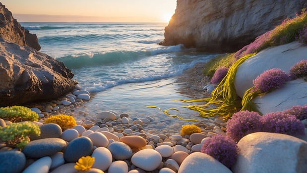 Serene coastal scene at sunset with colorful flowers and smooth pebbles along the shoreline photo