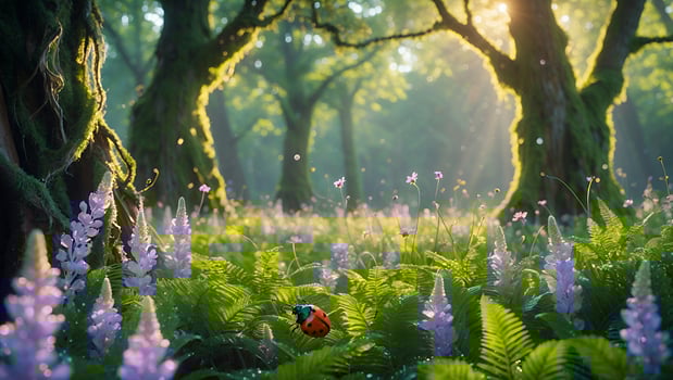 Enchanting forest scene with vibrant flowers and a ladybug amidst soft sunlight filtering through trees photo