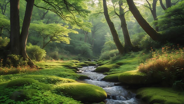 Serene forest landscape with a gentle stream flowing through lush greenery and vibrant wildflowers photo