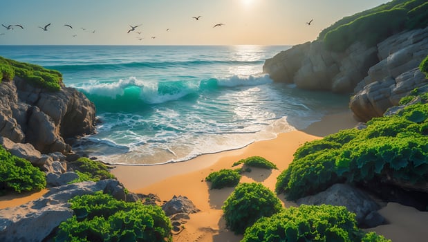 Serene beach scene at sunrise with gentle waves, lush greenery, and birds flying over the ocean photo