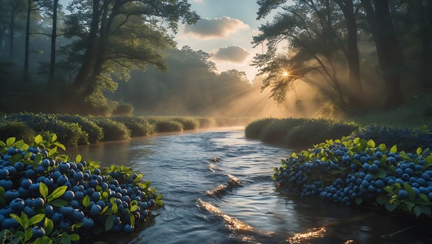 Serene river flowing through a lush forest at sunrise, with blueberries lining the banks, creating tranquility photo