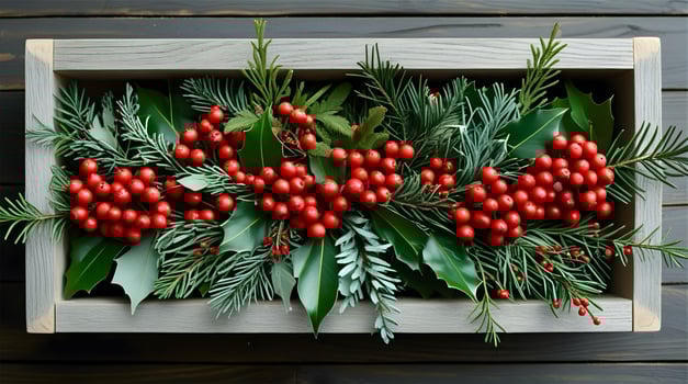 A wooden box filled with red berries and green leaves photo