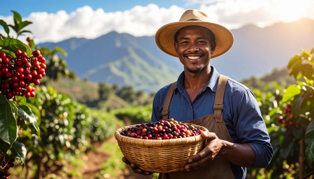 Proud Farmer's Joyful Harvest Holding a Basket of Ripe Coffee Cherries in a Sunlit Mountain Plantation photo