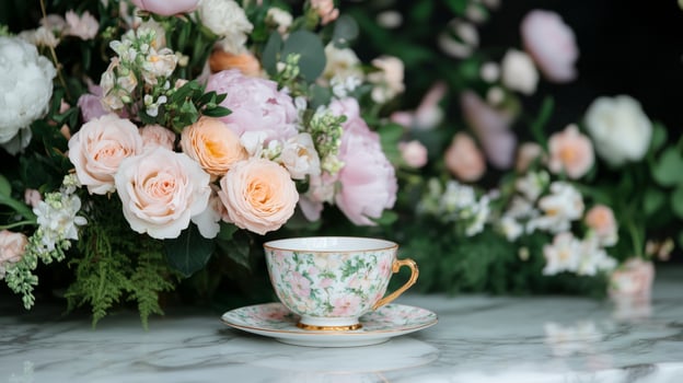 Flowers and tea cup photo