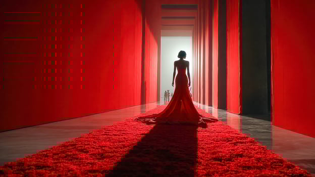 A woman in a red dress standing in a red room photo