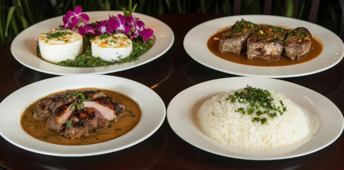 Three plates of food with rice and meat on them photo