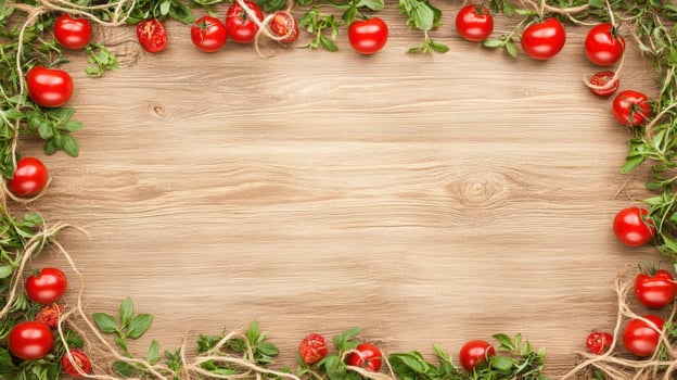 A wooden board with tomatoes and leaves on it photo