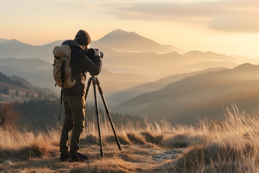 Outdoor Photographer Setting Up Camera in Mountain Region photo