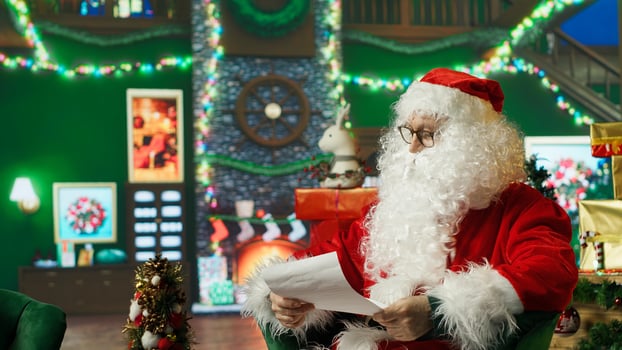 Santa Claus nods head, disagreeing with letters received from kids. Person in Christmas costume reads wish lists written by children asking for expensive gifts, doing disapproving head shake, camera A photo