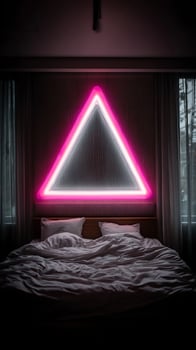 Modern Bedroom with Pink Triangle Neon Light Above a Cozy Bed. photo