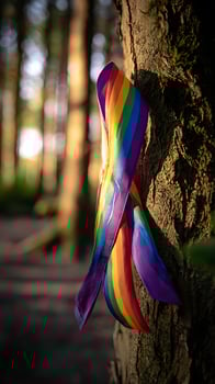 Rainbow Pride Ribbon Tied to a Tree in a Sunlit Forest. photo