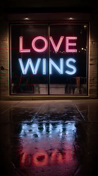 Neon Love Wins Sign Reflecting in Wet Pavement at Night. photo